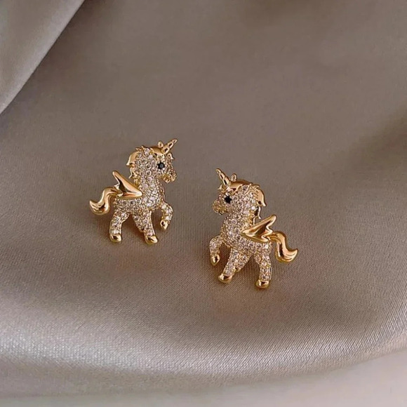 Gold Diamond Crystal Unicorn Stud Earrings - Picture 4 of 4